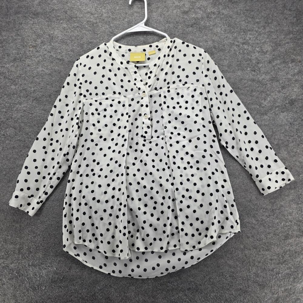 Maeve Blouse Womens Medium White Black Polka Dot 3/4 Sleeve Sheer Tunic Top